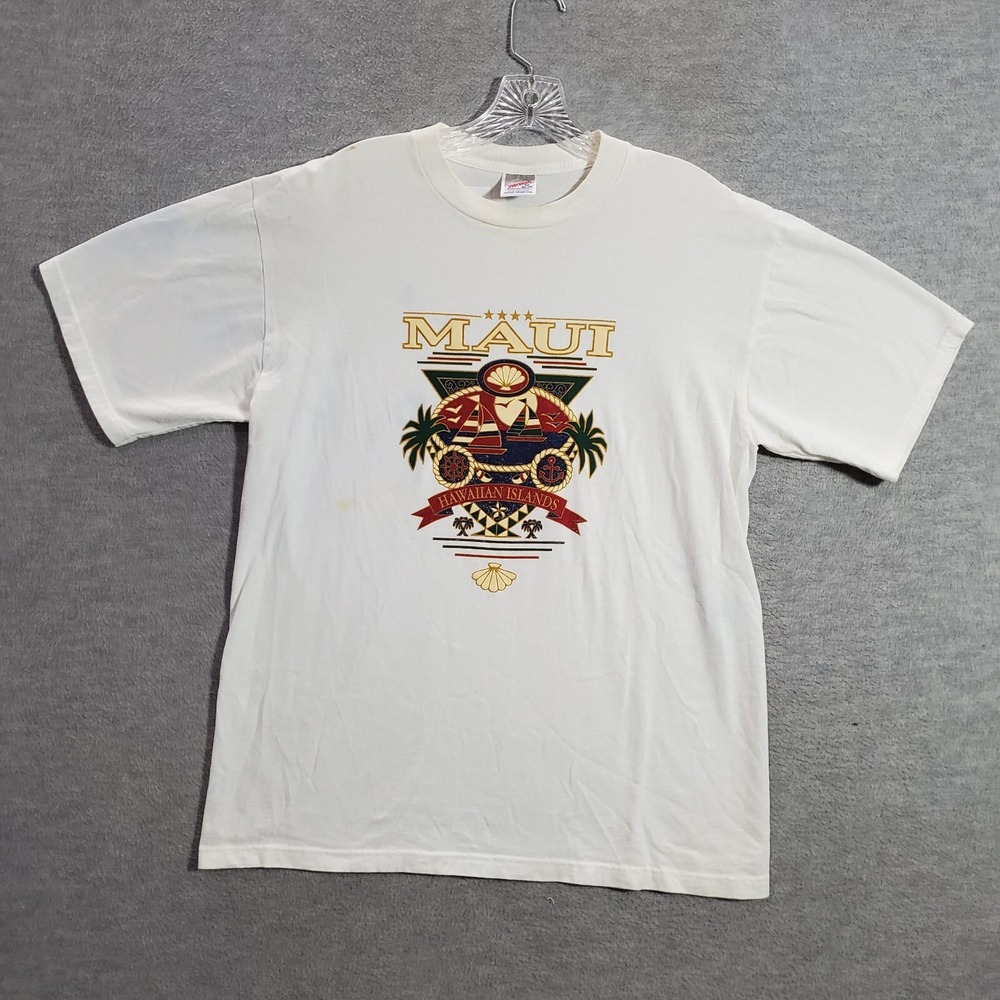 VINTAGE Maui Men Shirt Medium White Hawaiian Islands Graphic Y2K Tee READ